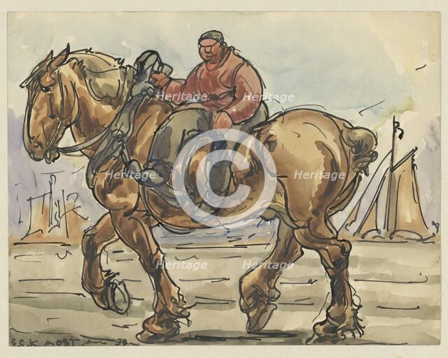 Man riding sidesaddle on a draft horse, 1939. Creator: Alfred Ost.