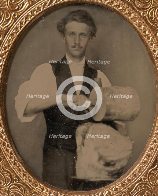 Man Riving Wood with Froe and Club, 1860s. Creator: Unknown.