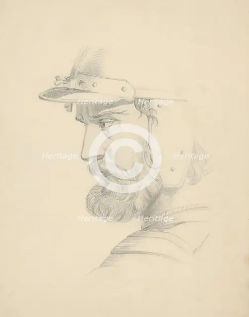 Man's head with a helmet, 1879. Creator: Vojtech Klimkovic.