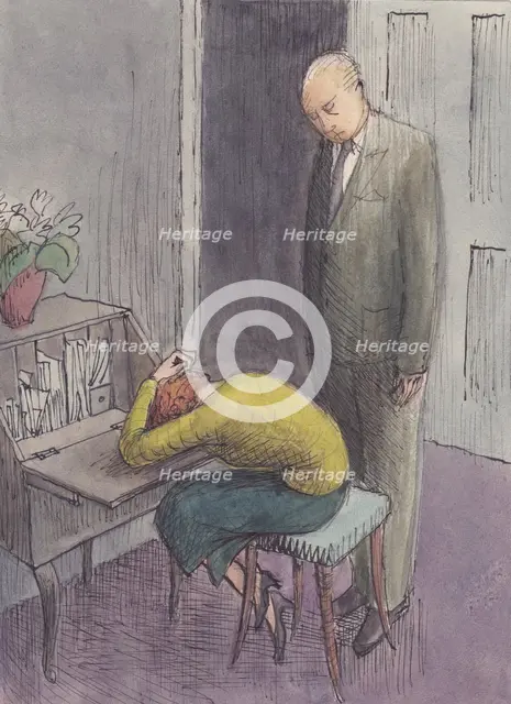 Man standing over cowering woman, 1952. Creator: Shirley Markham.