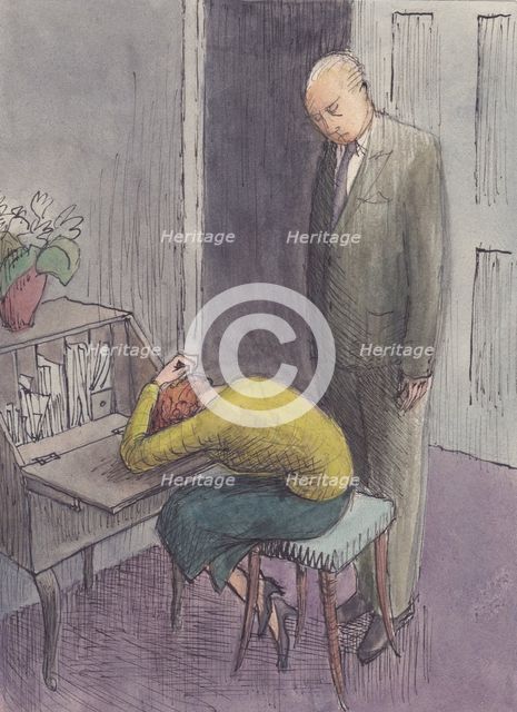 Man standing over cowering woman, 1952. Creator: Shirley Markham.