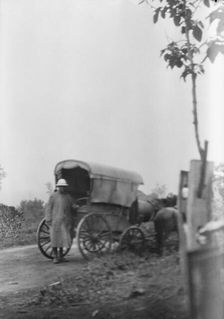 Man standing behind a horse-drawn wagon, Japan, 1908. Creator: Arnold Genthe