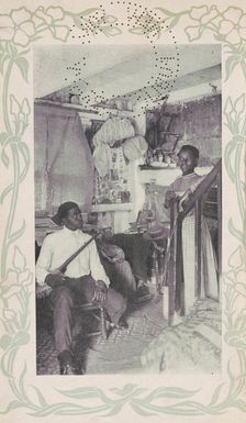 Man seated with banjo next to woman at stairs, 1903. Creator: Camera Club