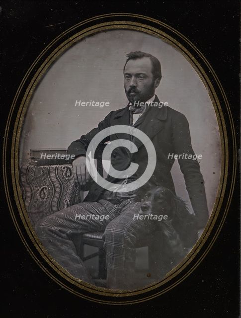 Man Seated at Table with Dog, 1840s. Creator: Unknown.