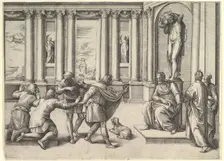 Man Seated Beneath a Statue of Bacchus, Receiving an Audience, ca. 1530-61. Creator: Battista Franco Veneziano