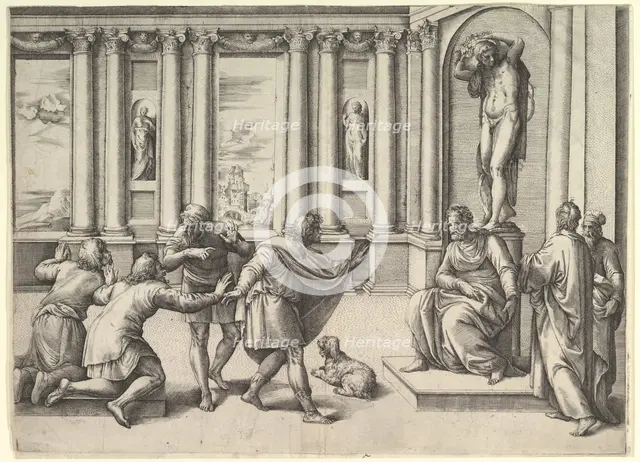 Man Seated Beneath a Statue of Bacchus, Receiving an Audience, ca. 1530-61. Creator: Battista Franco Veneziano.