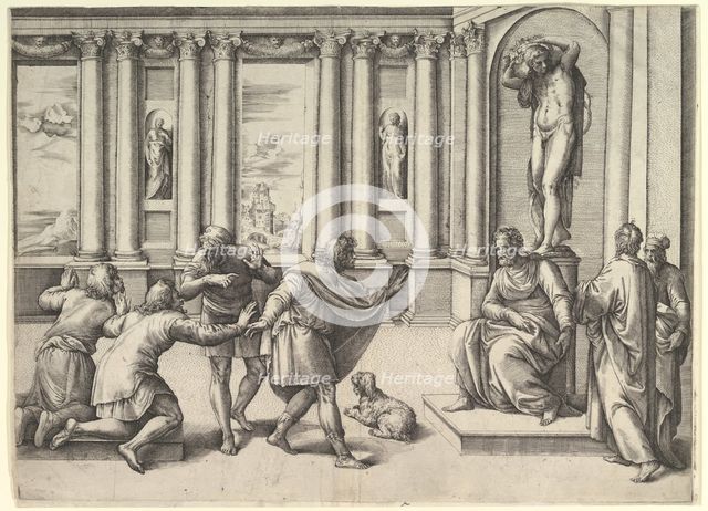 Man Seated Beneath a Statue of Bacchus, Receiving an Audience, ca. 1530-61. Creator: Battista Franco Veneziano.