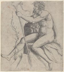Man Seated Holding a Forked Staff, c. 1514/1515. Creator: Giovanni Antonio da Brescia
