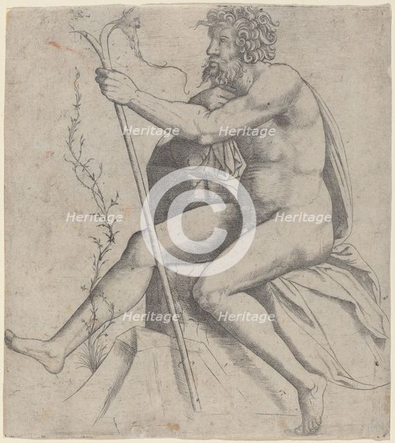 Man Seated Holding a Forked Staff, c. 1514/1515. Creator: Giovanni Antonio da Brescia.