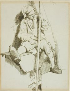Man Seated, Holding Staff in Left Hand, 1860/69. Creator: Charles Samuel Keene