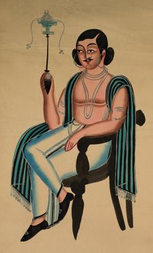 Man Seated in a European Chair Smoking a Margila Pipe, c. 1880. Creator: Unknown