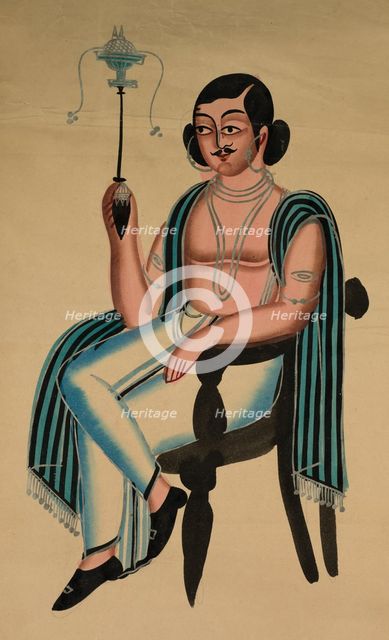 Man Seated in a European Chair Smoking a Margila Pipe, c. 1880. Creator: Unknown.