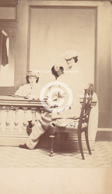 Man, Seen from the Back, Conversing with Two Woman, 1860s. Creator: Unknown.