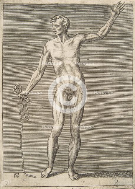 Man seen from the Front, holding a Rope in his right Hand, 16th century. Creator: Giulio Bonasone.