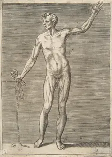 Man seen from the Front, holding a Rope in his right Hand, 16th century. Creator: Giulio Bonasone
