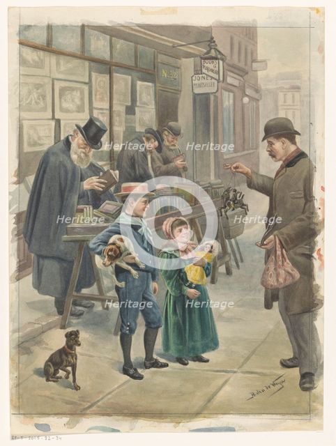 Man shows two children toys on the pavement outside a print shop, c.1875-c.1925. Creator: Pedro de Weyer.