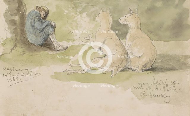Man sitting against a stump with two dogs, 1868. Creator: Johannes Tavenraat.