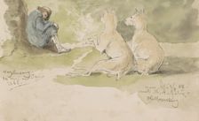 Man sitting against a stump with two dogs, 1868. Creator: Johannes Tavenraat