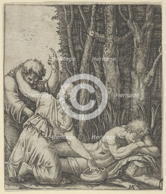 Man sleeping at the edge of a wood with a woman knealing at his side with one han..., ca. 1500-1534. Creator: Marcantonio Raimondi.