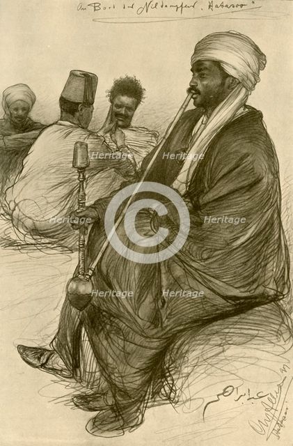 Man smoking a water pipe on board the 'Hatasoo' steamboat, Egypt, 1898.  Creator: Christian Wilhelm Allers.