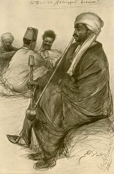 Man smoking a water pipe on board the Hatasoo steamboat, Egypt, 1898. Creator: Christian Wilhelm Allers