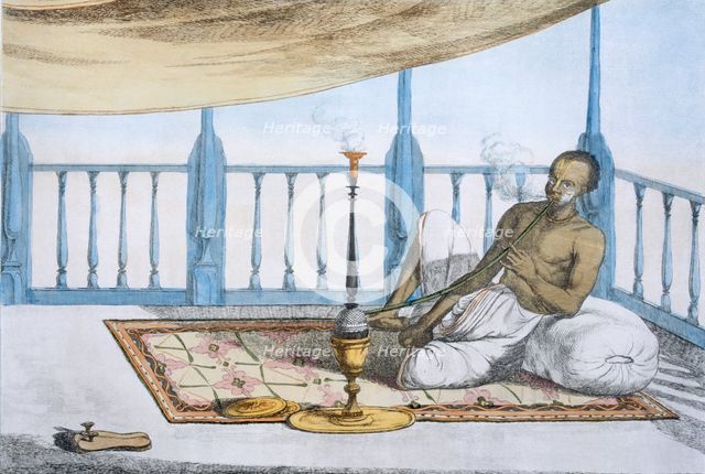 Man smoking a hookah of hashish or opium, pub. 1808-12. Creator: Franz Balthazar Solvyns (1760-1824).