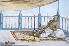 Man smoking a hookah of hashish or opium, pub. 1808-12. Creator: Franz Balthazar Solvyns (1760-1824)