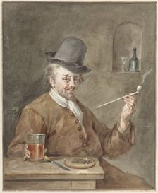 Man smoking a pipe at a table with a plate, a knife and a glass, 1778. Creator: Aert Schouman