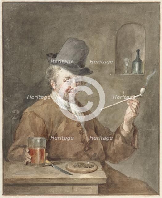 Man smoking a pipe at a table with a plate, a knife and a glass, 1778. Creator: Aert Schouman.