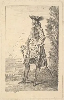 Man walking and carrying a cane in his right hand, shown in three-quarters view with h..., ca. 1710. Creator: Jean-Antoine Watteau