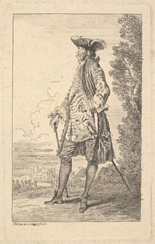 Man walking and carrying a cane in his right hand, shown in three-quarters view with h..., ca. 1710. Creator: Jean-Antoine Watteau