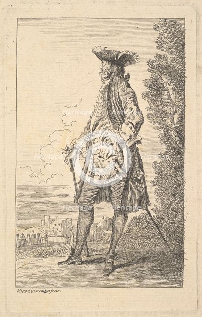 Man walking and carrying a cane in his right hand, shown in three-quarters view with h..., ca. 1710. Creator: Jean-Antoine Watteau.