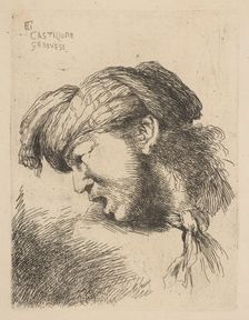 Man wearing a turban, a tie fastened around his neck, facing left, from the series ..., ca. 1645-50. Creator: Giovanni Benedetto Castiglione