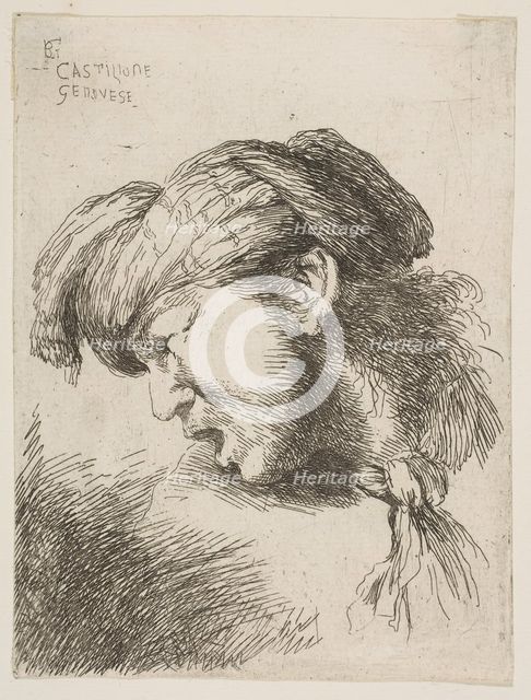 Man wearing a turban, a tie fastened around his neck, facing left, from the series of..., 1645-1650. Creator: Giovanni Benedetto Castiglione.