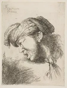 Man wearing a turban, a tie fastened around his neck, facing left, from the series of..., 1645-1650. Creator: Giovanni Benedetto Castiglione