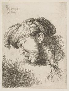 Man wearing a turban, a tie fastened around his neck, facing left, from the series of..., 1645-1650. Creator: Giovanni Benedetto Castiglione