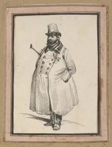 Man wearing a coat and a hat with a cane under his arm, mid-19th century. Creator: Victor Adam