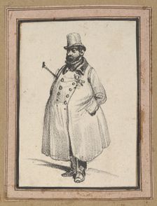 Man wearing a coat and a hat with a cane under his arm, mid-19th century. Creator: Victor Adam
