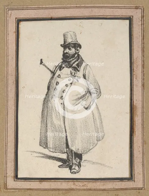 Man wearing a coat and a hat with a cane under his arm, mid-19th century. Creator: Victor Adam.