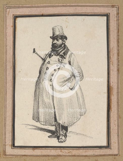 Man wearing a coat and a hat with a cane under his arm, mid-19th century. Creator: Victor Adam.