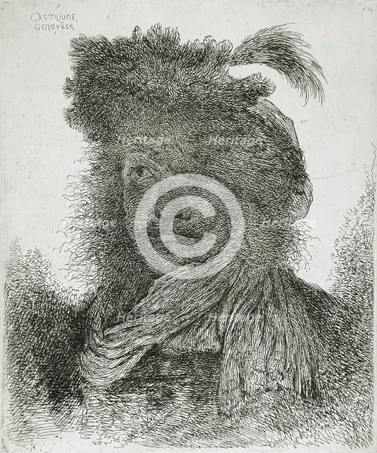 Man Wearing a Plumed Fur Cap and a Scarf, between circa 1647 and circa 1651. Creator: Giovanni Benedetto Castiglione.
