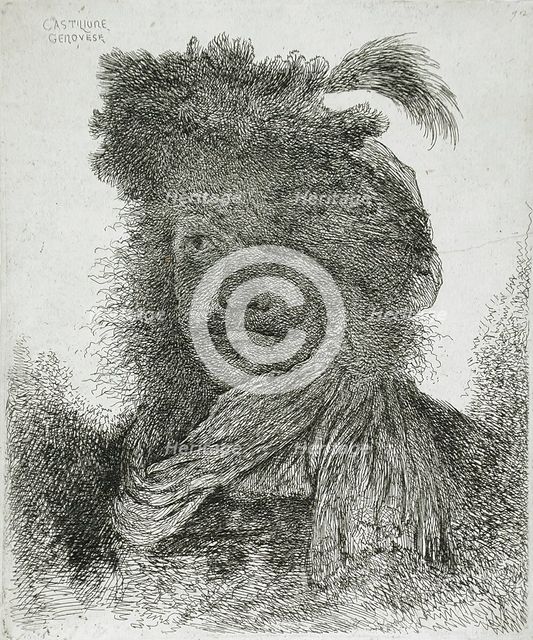 Man Wearing a Plumed Fur Cap and a Scarf, between circa 1647 and circa 1651. Creator: Giovanni Benedetto Castiglione.