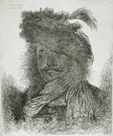 Man Wearing a Plumed Fur Cap and a Scarf, between circa 1647 and circa 1651. Creator: Giovanni Benedetto Castiglione