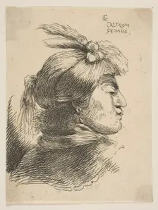 Man wearing a small turban Oonamented with plumes and ribbon, facing right, from ..., ca. 1645-1650. Creator: Giovanni Benedetto Castiglione