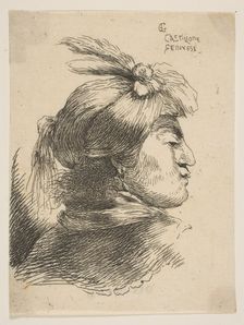 Man wearing a small turban Oonamented with plumes and ribbon, facing right, from ..., ca. 1645-1650. Creator: Giovanni Benedetto Castiglione