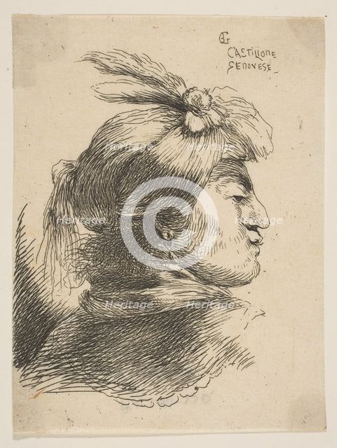 Man wearing a small turban Oonamented with plumes and ribbon, facing right, from ..., ca. 1645-1650. Creator: Giovanni Benedetto Castiglione.
