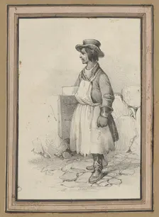 Man wearing an apron and a hat, mid-19th century. Creator: Victor Adam