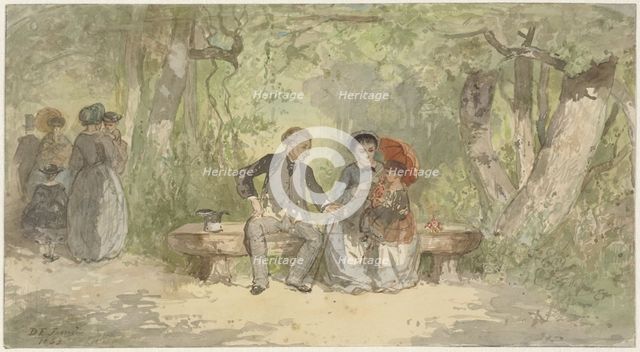 Man, wife and child on a bench in the park, 1863. Creator: Diederik Franciscus Jamin.