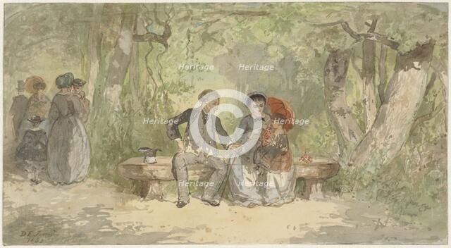 Man, wife and child on a bench in the park, 1863. Creator: Diederik Franciscus Jamin.