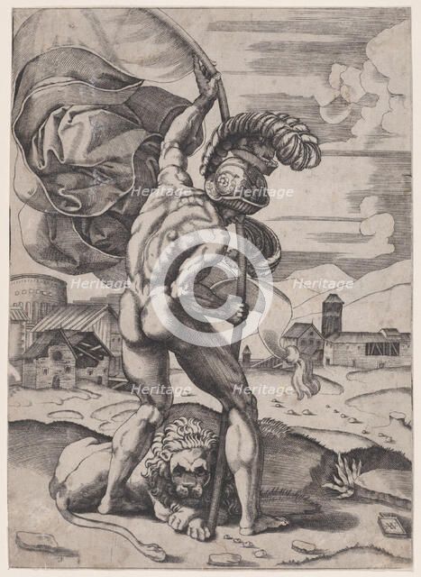 Man with a Flag, ca. 1514-36. Creator: Agostino Veneziano.